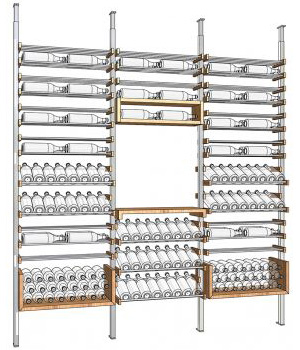 Cave à vin sur mesure, rangement bouteille Agencement moderne de cave à vin avec étagères et casiers en bois et métal pour un rangement optimal des bouteilles.