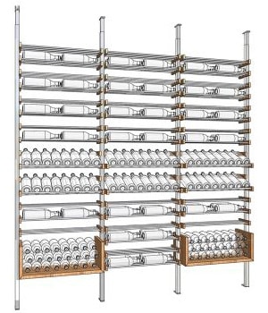 Cave à vin sur mesure, rangement bouteille Agencement moderne de cave à vin avec étagères et casiers en bois et métal pour un rangement optimal des bouteilles.
